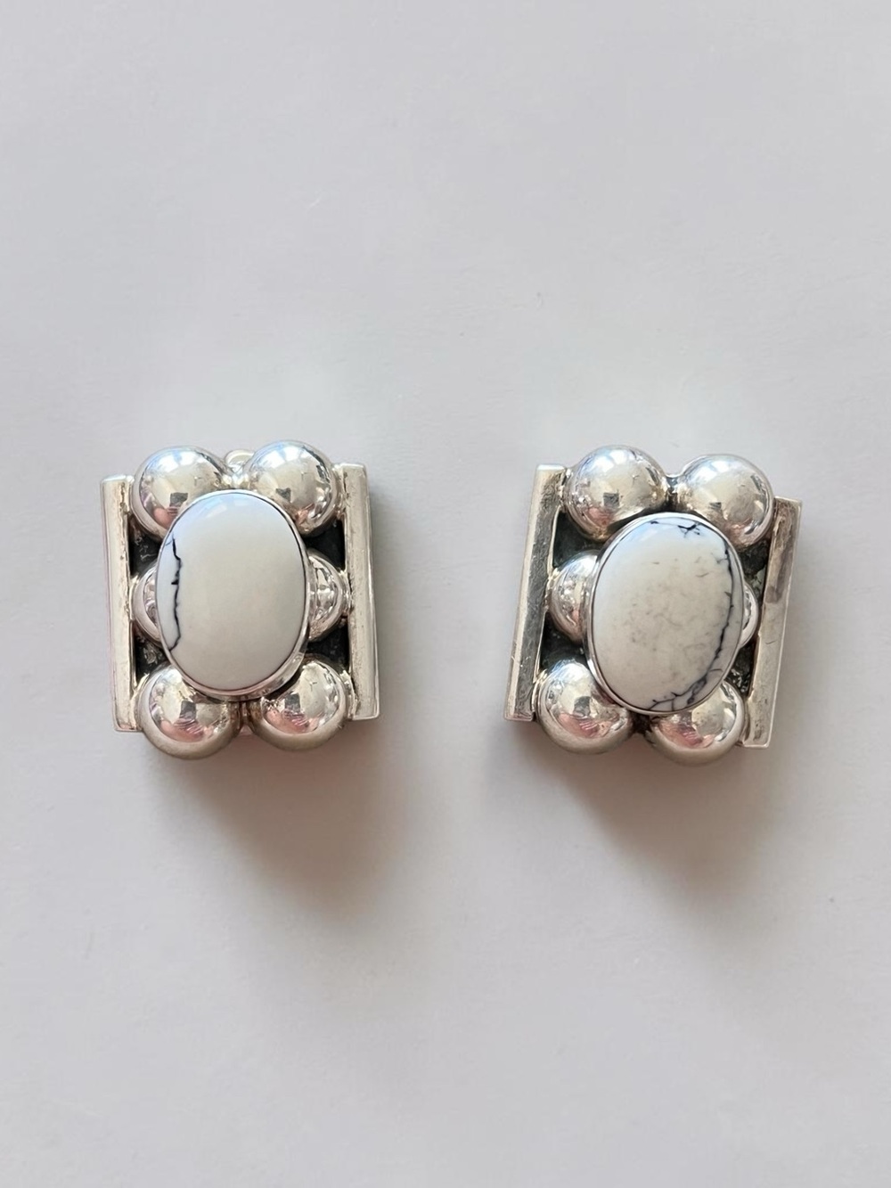 Chunky Vintage Sterling Silver Rectangular White Buffalo Stud Clip On Earrings